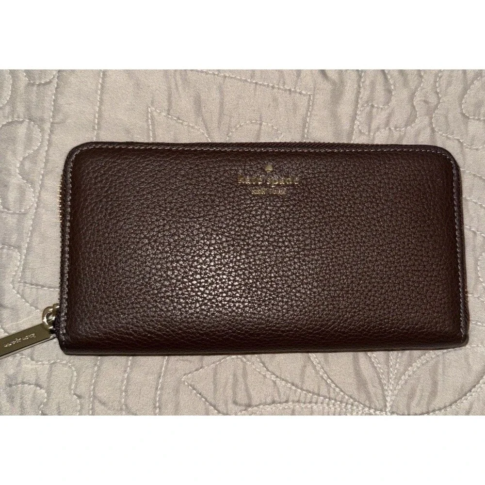 Chocolate Brown Kate Spade Wallet Pebble Leather Zip Around Leila Lg Card Slots